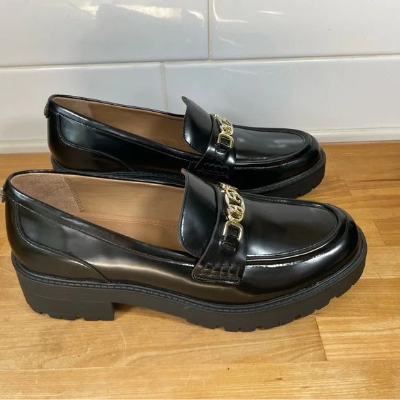 Sam Edelman Black Patent Leather Loafers with Gold Chain - Picture 4 of 16